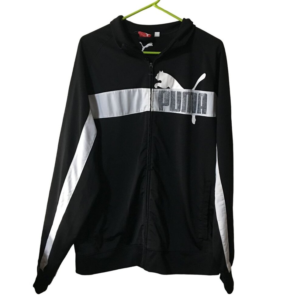 PUMA LIGHTWEIGHT ZIP UP BLACK JACKET WITH LOGO AND WHITE STRIPE MENS XL